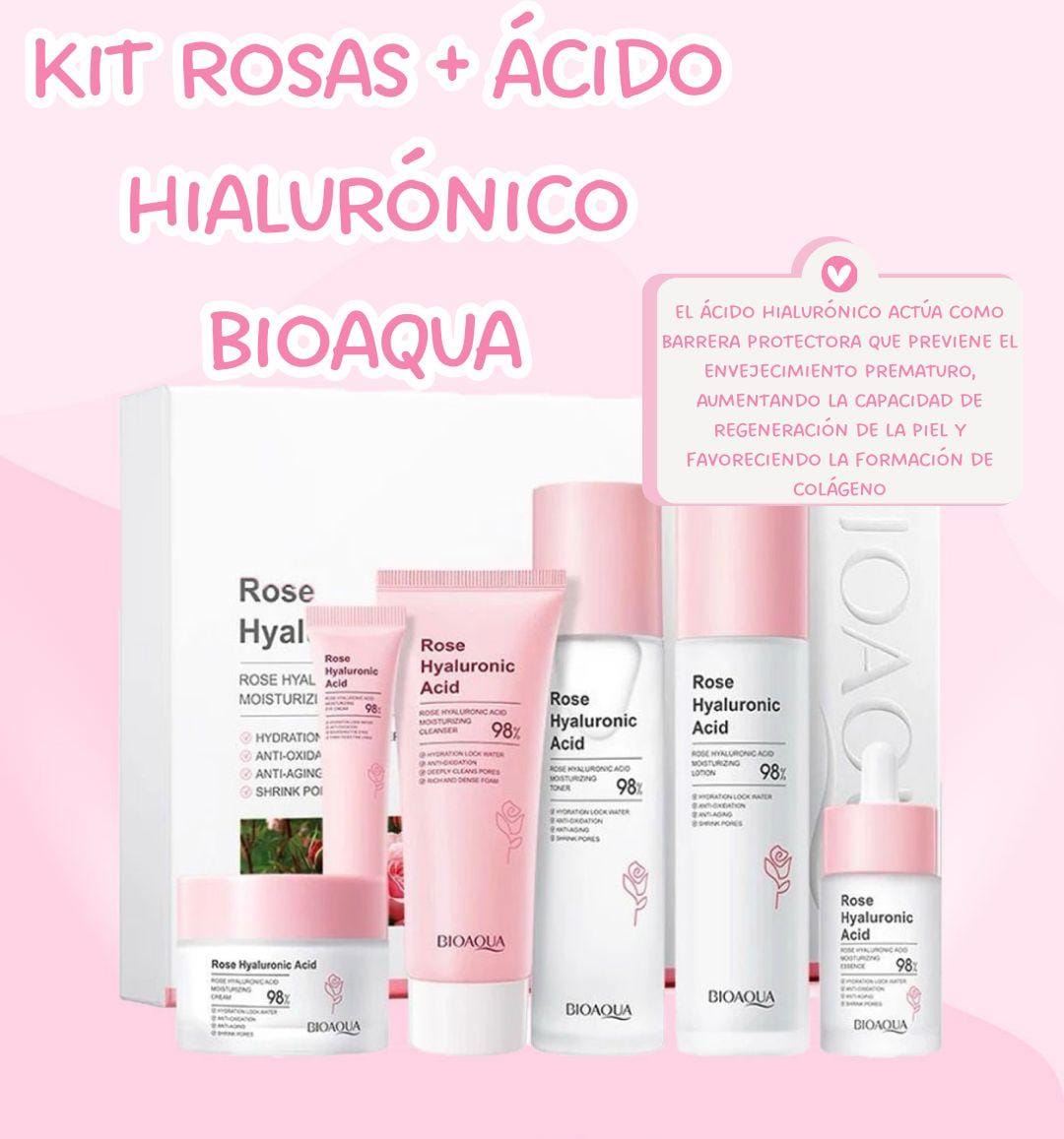 Kit Rosas Y Ácido Bioaqua🌸- Rejuvenece Hidratante - Caja De Lujo x6 Productos – Cuidado Facial – SkinCare