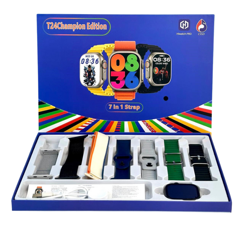 🏆 Smartwatch T24 Champion Edition + 7 Pulseras – Reloj Inteligente con Llamadas Bluetooth