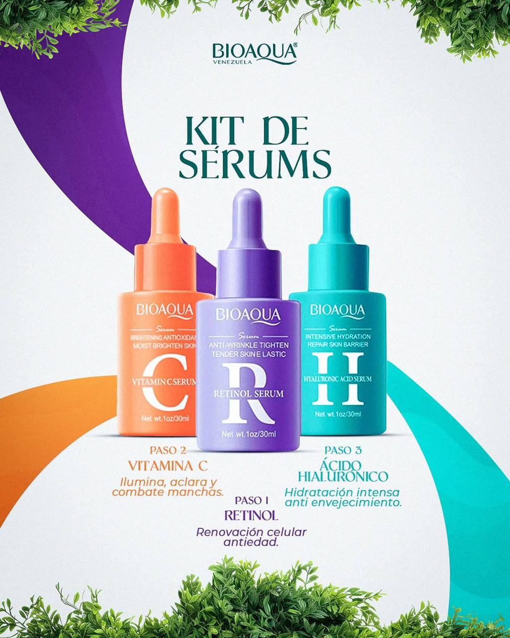 Kit Antiedad Bioaqua – Retinol, Vitamina C y Ácido Hialurónico