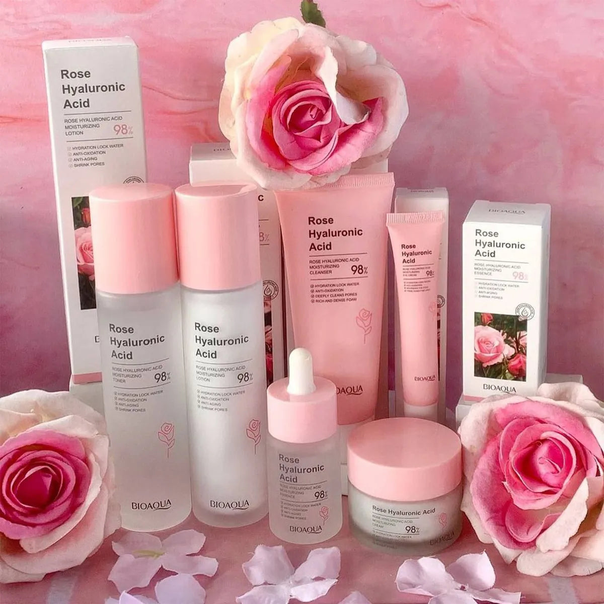 Kit Rosas Y Ácido Bioaqua🌸- Rejuvenece Hidratante - Caja De Lujo x6 Productos – Cuidado Facial – SkinCare